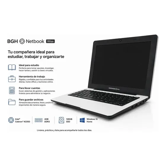 Netbook IBGH WISE4gb 128Ssd Win10 Cam BLANCA OFICCE HDMI USB REDES
