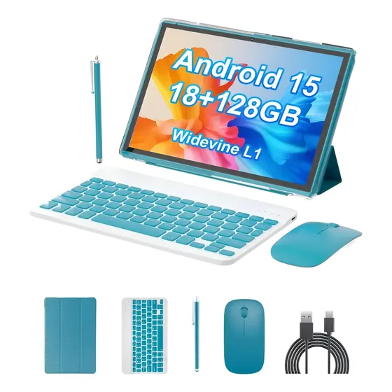 Tablet 10.1 Android 15 18gb Ram 128gb Teclado Mouse Funda Celeste