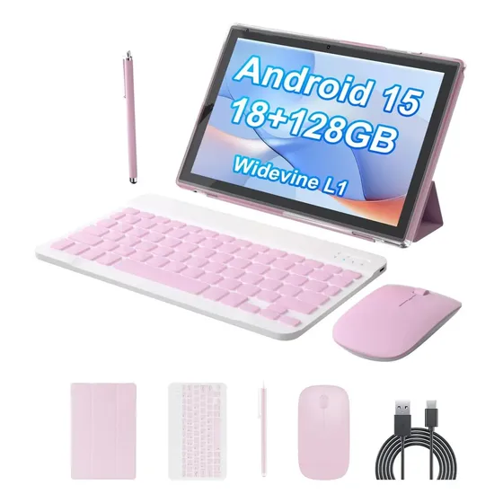 Tablet 10.1 Android 15 18gb Ram 128gb Teclado Mouse Funda Rosa