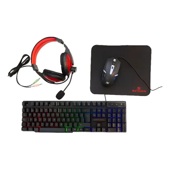 Kit Gamer Senon 4 en 1 para PC con Teclado, Mouse, Auriculares y Pad