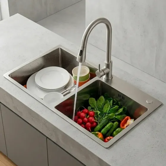 Bacha Pileta Cocina Mesada Doble Grifería Monocomando Acero Color Gris Verona-8245 Neró