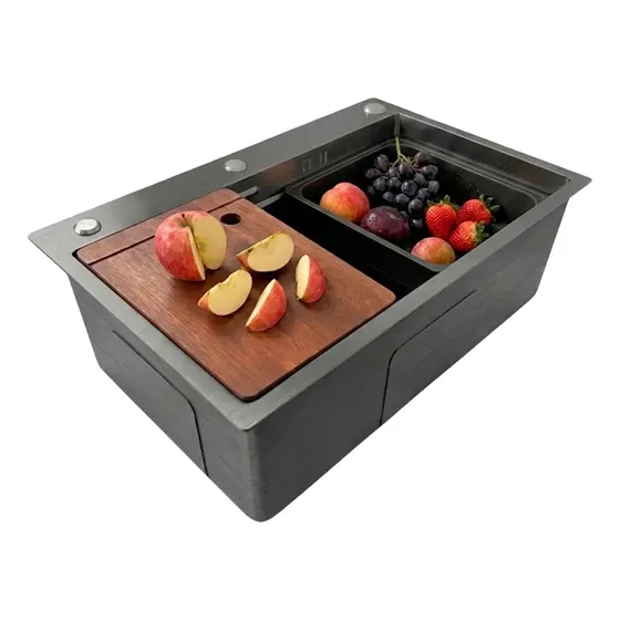 Bacha Pileta Cocina Auxiliar Acero Premium Tabla Madera Color Negro Madero-8045 Neró