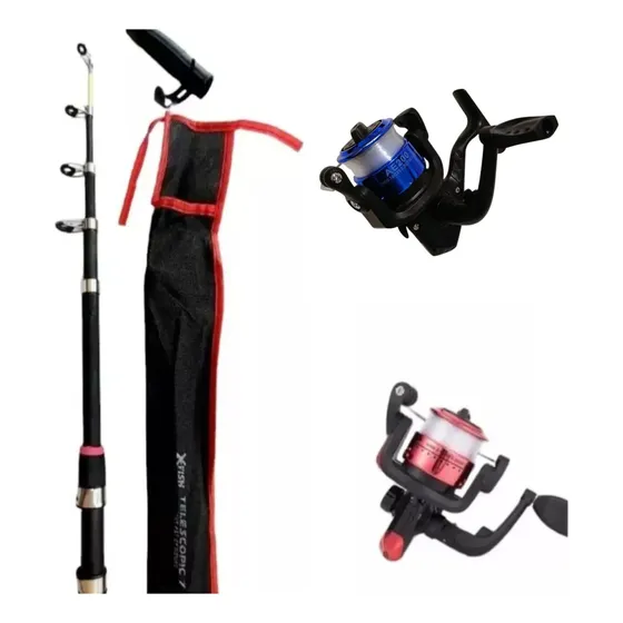 Set Kit Combo Pesca Caña Telescopica + Reel Frontal  + Tanza