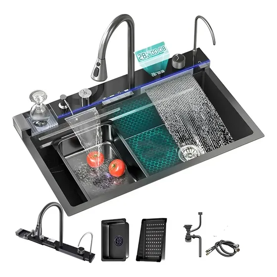 Bacha de Cocina Inteligente con Luz LED de Acero Inoxidable y Nanotecnología Negra 75 cm