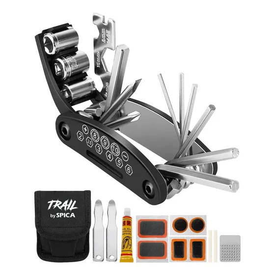 Kit Reparación Bicicleta 14 En 1 TRAIL BY SPICA Pegamento Llave Estuche Negro