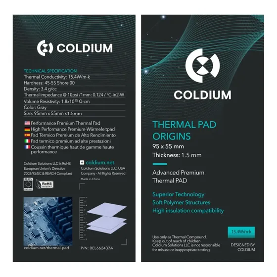 Thermal Pad Coldium Origins 95x55x1.5mm 15.4W/mK Para Placa De Video, GPU, VRAM, VRM, SSD M.2, PC, Notebook, PS4, PS5, Xbox, Alta Conductividad Térmica, Overclocking