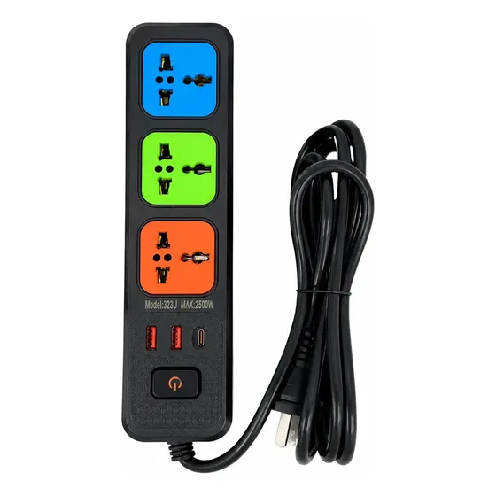 Zapatilla Alargue 2500w 3 Tomas + 3 Usb Y 1 Tipo C, Cable 2m Negro