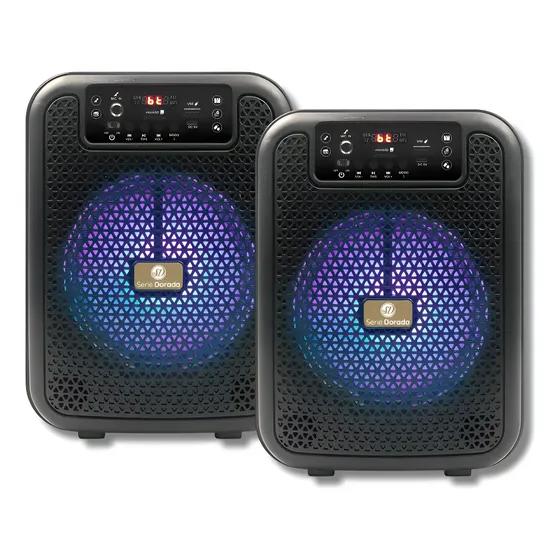 2 Parlantes Portátiles Serie Dorada SD-650 Bluetooth TWS Karaoke Luces LED Batería Recargable Negro