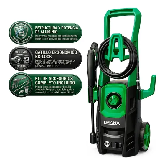 Hidrolavadora Eléctrica Branx 1400w 110bar Manguera 5mts Brnx0146 Negro/verde 50-60hz