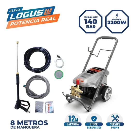 Hidrolavadora Alta Presión Logus 140 Bar 2200W Monofásica Con Bomba De Bronce