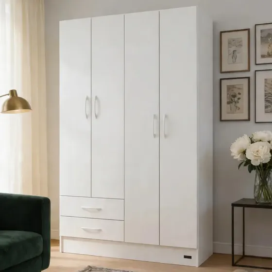 Placard Ropero 4 Puertas 2 Cajones 2 Estantes Perchero Melamina Blanco Cajones Barral Armario Guardarropa Mueble Habitación