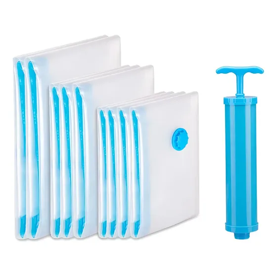Set X9 Bolsas Valija Vacio Ropa Acolchado Viaje + Aspi Bomba Para Guardar Ropa - Ahorra Espacio - Viajes - Bolsas Compresión Para Aspiradora Levys Bazar 3 Tamaños