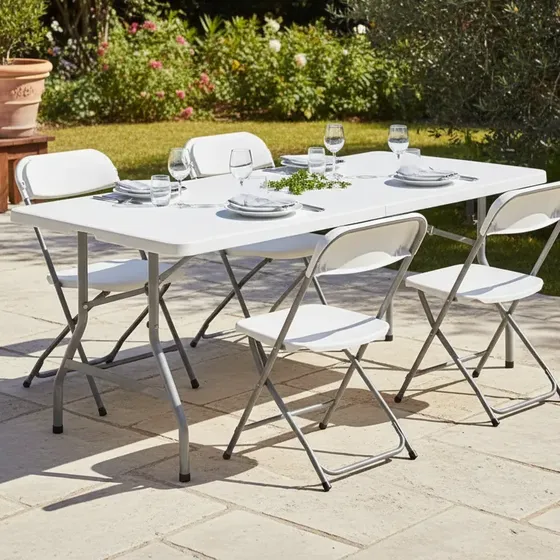 Mesa Picnic Plástica 180 Cm + 4 Sillas Plegables Jardín