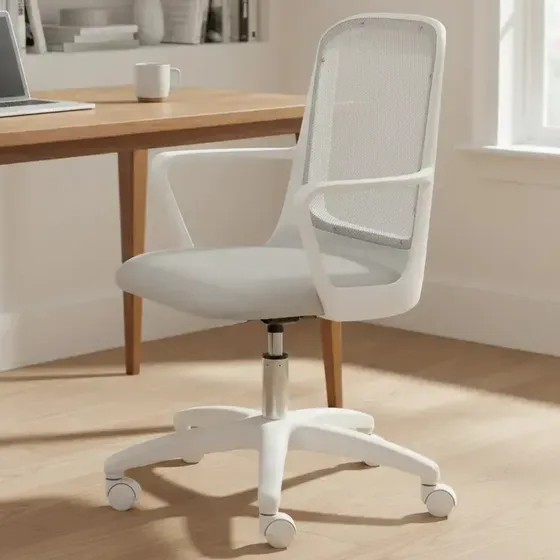 Silla De Escritorio Blanca Ergonómica Fresa Respaldo Mesh Gris Tela