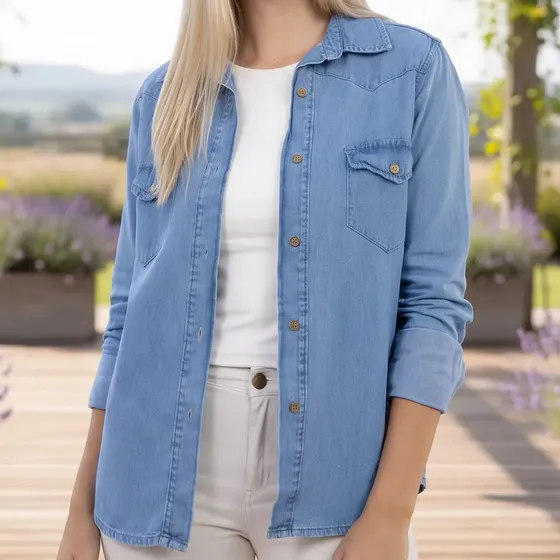 Camisa Mujer Jean Larga Clasica Casual Bolsillos Calidad