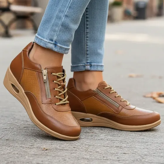Zapatillas Mujer C/taco Confort Cuero Vacuno Urbanas Liviana