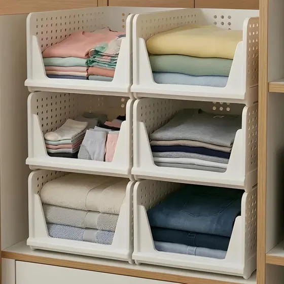 Organizador De Estantes Apilable Norcel Pack X6 Armario Modular Plegable Ropa Placard Color Blanco Canasto Multiuso Plastico Reforzado