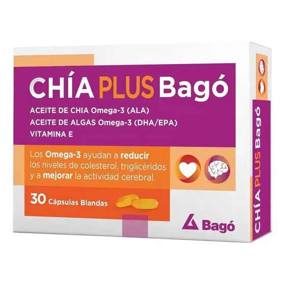 BAGÓ+ Chía Plus Omega 3 Colesterol Triglicéridos 30 Cápsulas