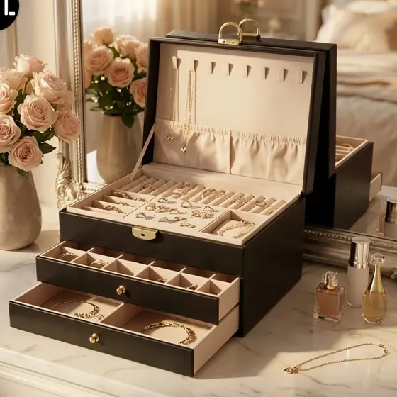 Alhajero Mtl Organizador Joyas Cerradura 2 Cajones Cuero Ecologico Color Negro Compartimentos Practico Seguro Resistente Portatil Elegante Moderno Anillos Aros Pulseras Relojes Collares Accesorios