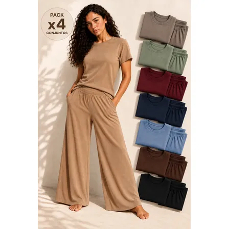 Pack X4 Conjunto Mujer Remera Palazzo Morley Pantalon Dama Surtido Liso M