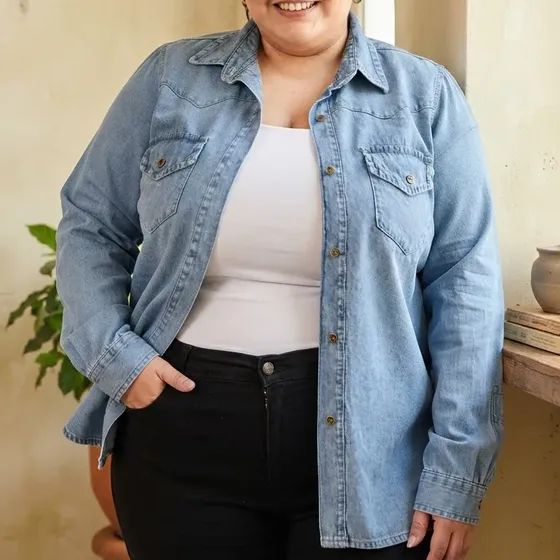 Camisa De Jean Liviano Manga Larga Talles Amplios