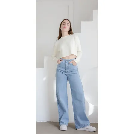Wide Leg Azul Tiro Alto Azul Liso 44