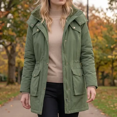 Campera Parka Mujer Gabardina Corderito Invierno Capucha Verde Militar M