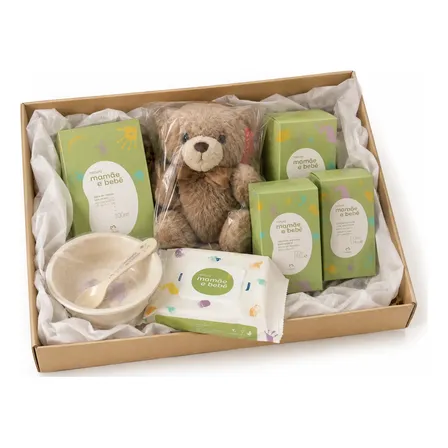 Ajuar Bebé: Osito , Kit Primer Baño Natura Y Primera Comida Violeta
