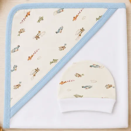 Manta Recibidora De Bebe 100% Algodon Con Gorro 60x65cm Animales Celeste