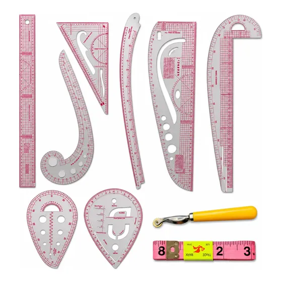 Set Kit Reglas Modista Molderia Acrilico Flexible+ruleta+ Cm