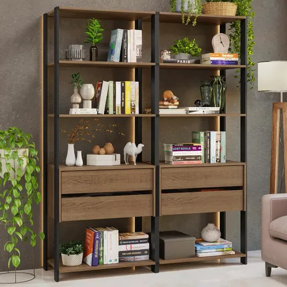 Librería multiusos para libros, 4 puertas, 8, plata, 140 cm, Madesa RP, color rústico/negro