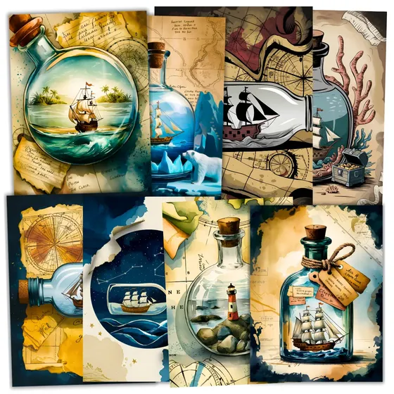 Papeles Vintage Para Scrapbook Journal Barcos En Botellas X8