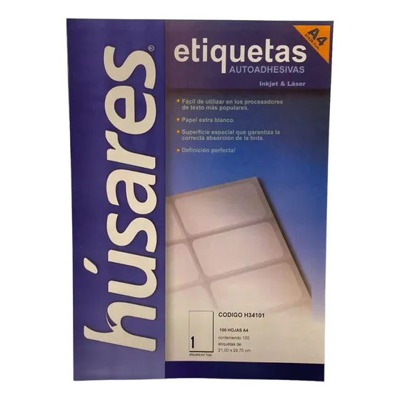 Etiquetas Autoadhesivas Husares A4 X 100 Hojas Hoja Entera