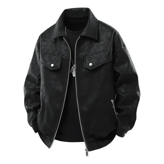 Chaqueta De Moto De Poliuretano Vintage Con Solapa Lisa Para Hombre De Primavera Y Otoño