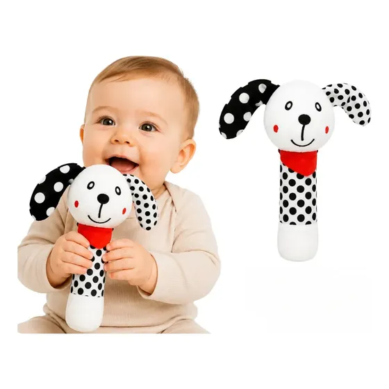Sonajero Peluche Perrito Para Bebé Con Chifle Blanco Y Negro Blanco Y Negro
