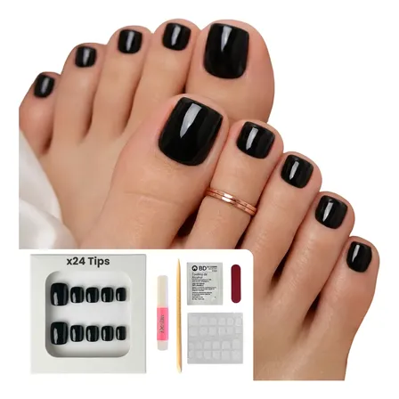 Uñas Postizas Pies Autoadhesivas Set Press On Nails Premium Negro X24 Tips