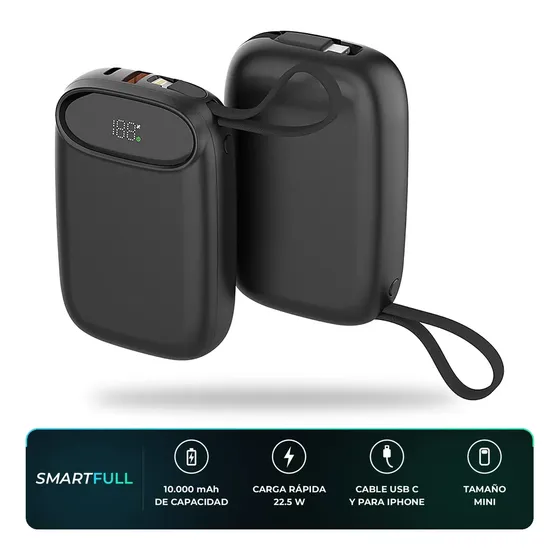 Cargador Portátil Power Bank SmartFull Pro 100 10000 Mah Carga Rápida 22.5w Cables Integrados Tipo C Y Para iPhone Con Display Digital Batería Externa Para Samsung Para Motorola Para Xiaomi Negro