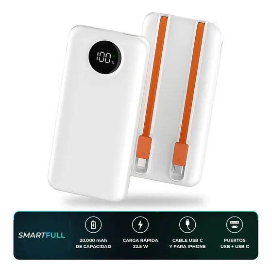 Cargador Portátil Power Bank 20000 Mah SmartFull 400 Carga Rápida 22.5w Con Cables Integrados Tipo C Y Para iPhone Display Digital Para Samsung Para Motorola Para Xiaomi Batería Externa Blanco