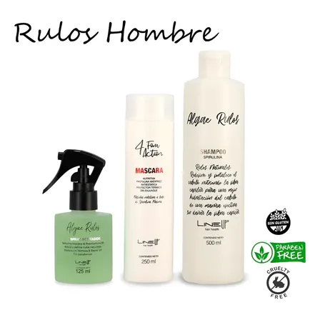 Kit Rizos Antifrizz Hombre, Shampoo, Acondicionador 4FourAction y Spray para Rulos a base de Espirulina Maxima con alto contenido proteico y Aminoácidos hidratantes Producto Profesiional LineUp