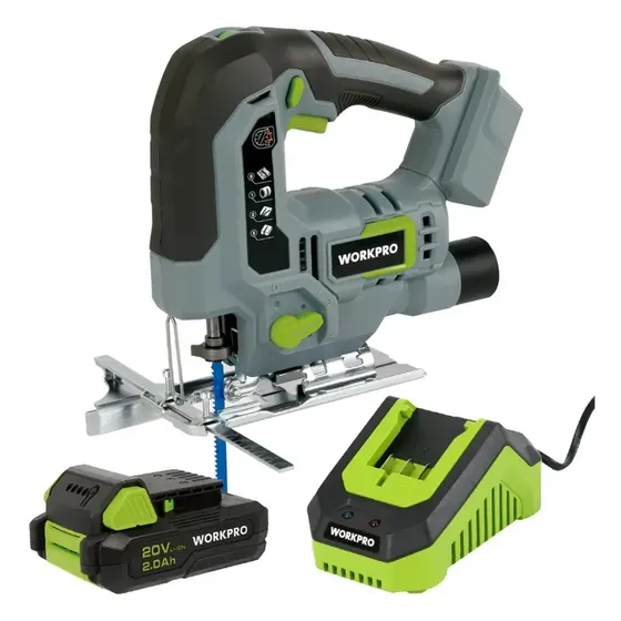 Sierra Caladora Inalambrica WORKPRO 20V Con Bateria 2Ah Cargador RAPIDO Madera y Metal 2800 RPM W125118NT