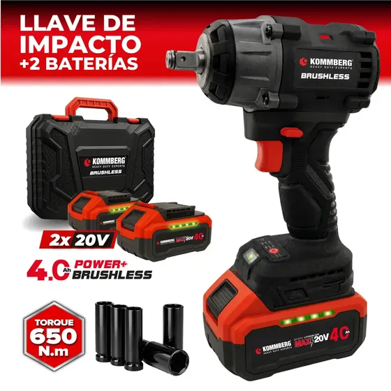 Llave Impacto Inalámbrica Brushless 650nm 2 Bat 20v Kommberg