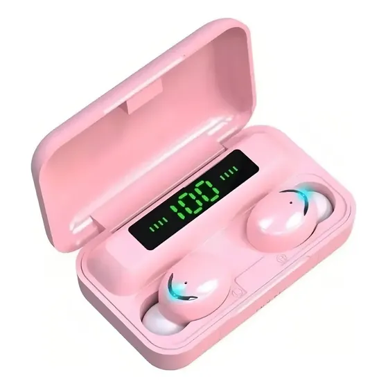 Auriculares Bluetooth F9 Tws 4hs De Musica + Power Bank Color Rosa Luz Azul