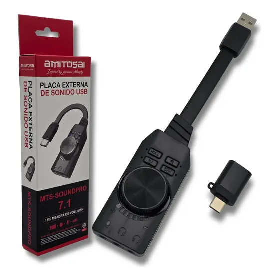 Adaptador de audio USB Placa de sonido con adaptador USB-C entrada de microfono, salidas de auriculares TRS y TRRS P/ computadoras, celulares, tablets, volumen, mute, efectos. Amitosai MTS-SOUNDPRO