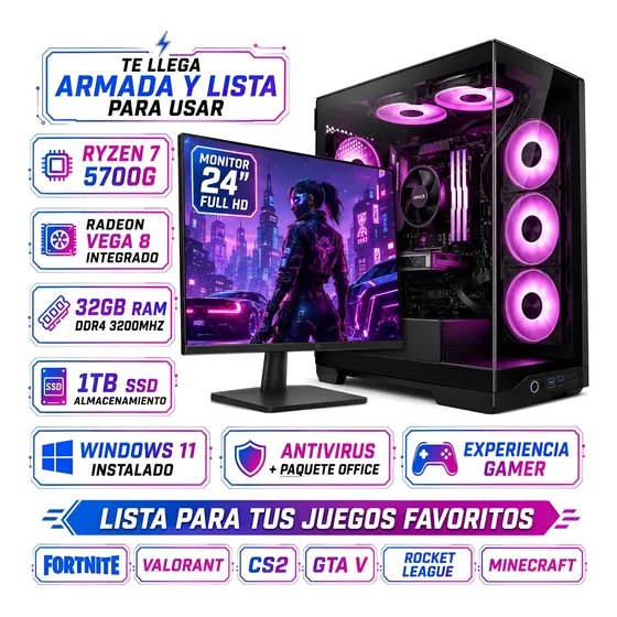 Pc Armada Gamer Ryzen 7 5700g 32gb Vega8 1tb Wifi Monitor 24