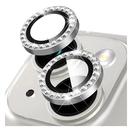 Protector Cubre Lente Cámara Strass iPhone 14 Y 14 Plus Plateado