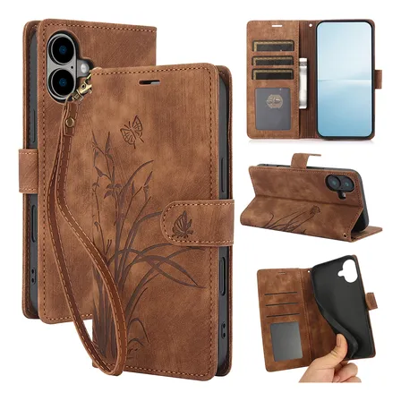 Suitable For iPhone 16 Plus Wallet Flip Case Wrist Strap Brown Carcasas Y Fundas Para iPhone 16 Plus