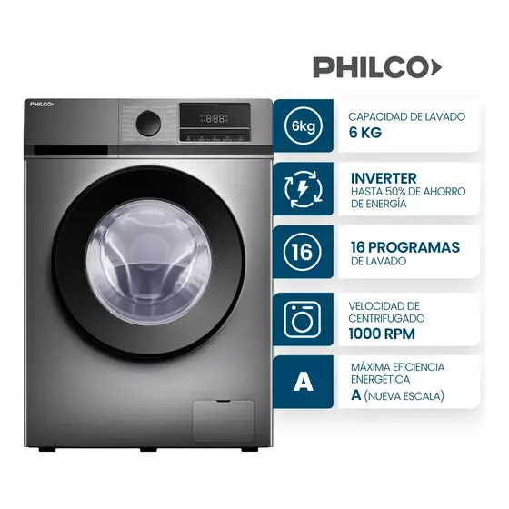 Lavarropas Philco 6 Kg Carga Frontal Inverter Gray