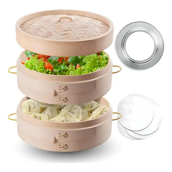 Vaporizador De Bambú 10 Natural 2 Niveles Para Dim Sum Bambú