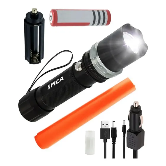 Linterna Tactica Led Luz Blanco SPICA LCB-77 Cree Zoom Pila Recargable Color Negro