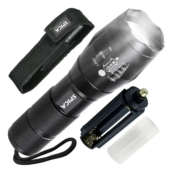 Linterna Tactica Led Militar SPICA X-8 A Bateria 5 Modos De Iluminacion Luz Blanca Funda Para Cinturon Color Negro